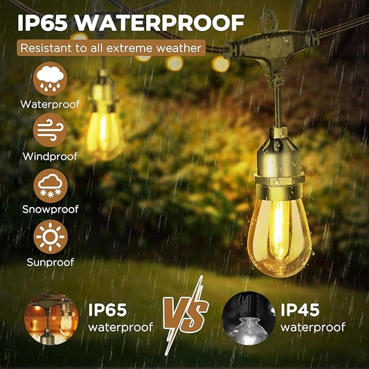 Outdoor String Lights LED 50FT Patio String Lights for Outside with S14 Teardrop-Shaped Bulbs Waterproof Flat Light Christmas Hanging Pendent Lights for Balcony Backyard Garden 2700K