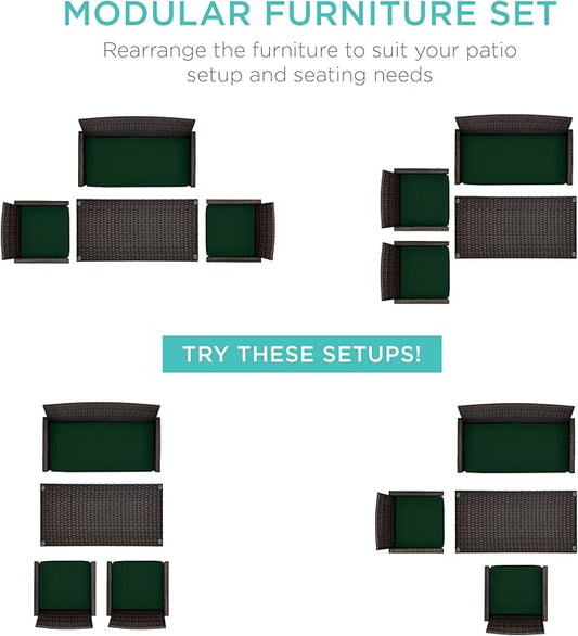 Best Choice Products 4-Piece Outdoor Wicker Patio Conversation Furniture Set for Backyard w/Coffee Table, Seat Cushions - Brown/Midnight Green