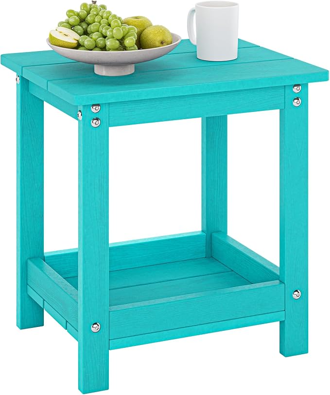 LUE BONA Outdoor Side Table, 2-Tier HDPE Small Outdoor End Table with Rail for Patio, Deck, Poolside, Low Maintenance & Weather Resistant, Aruba Blue