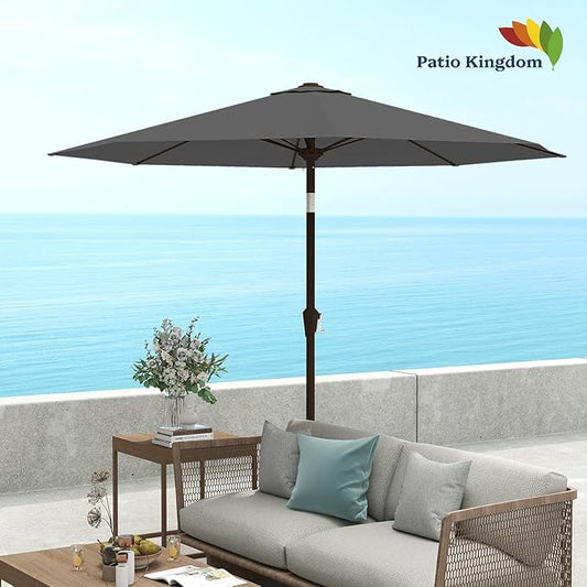 9FT Patio Umbrella with Fiberglass Ribs, Outdoor Market Table Umbrella with Crank and Tilt, UV Resistant Waterproof Canopy for Patio, Garden, Deck, Pool, Gray