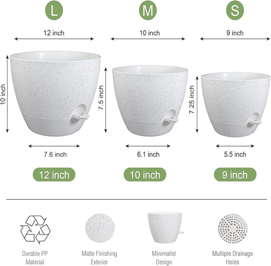 UOUZ Large Self Watering Pots, 12/10/9 Plastic Planters with High Drainage Holes and Deep Reservoir for Indoor Outdoor Garden Plants and Flowers, White Speckles
