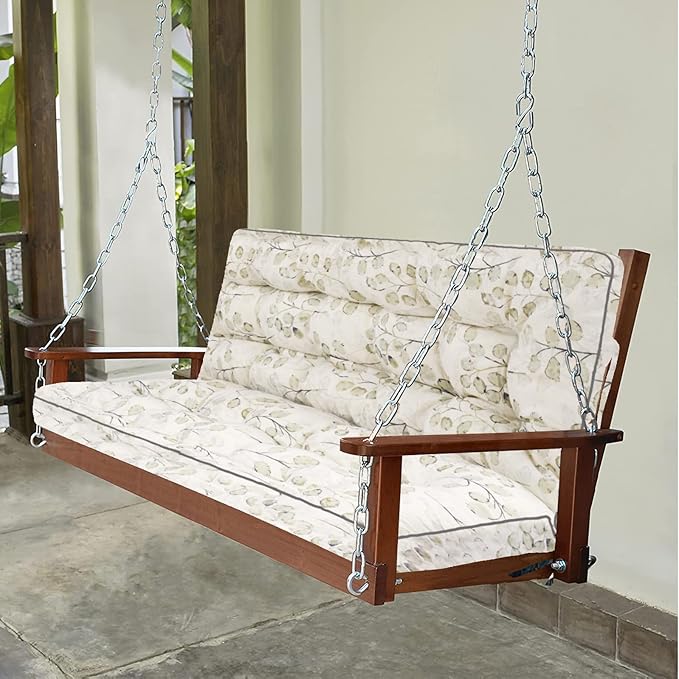 Swing Replacement Seat Cushions, 2-3 Seater Bench Cushions for Outdoor Furnitur with Backrest, Garden Recliner Seat Cushions Waterproof Sofa Pads (White Leaves, 63x40in)