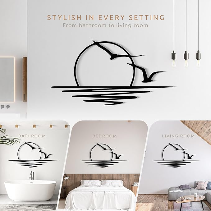 Wita Home Sunset with Seagulls Metal Wall Mounted Art, Handcrafted Metal Home Decor with Static Powder Coating, Eye-Catching Addition to Living Room Decor, Modern Beach Decor for Indoor and Outdoor Spaces, Perfect Housewarming Gift (64 x 32 inches)