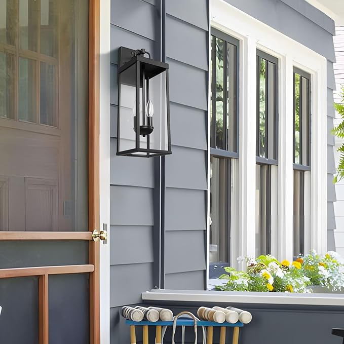 Dusk to Dawn Outdoor Wall Sconce Light, 20 Inch Tall Transitional Exterior Wall Lighting with Clear Glass, Anti-Rust Powder Coat Black Modern Outside Wall Lantern for Front Porch, DDRZ008M BK