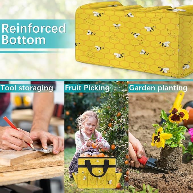 Yellow Bee Beehive Garden Tool Bag with 10 Pockets Easy Access Garden Tote Storage Bag Wear-Resistant & Reusable with 2 Handles Gardening Gifts 13" X 2.8" X 6.8"