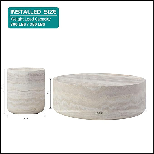 kevinplus Round Faux Stone Coffee Table Side End Table Set of 2 for Living Room, Modern Contemporary Circle Drum Style, Fiberglass Material, No Assembly (Mars Texture, 2-Pcs)