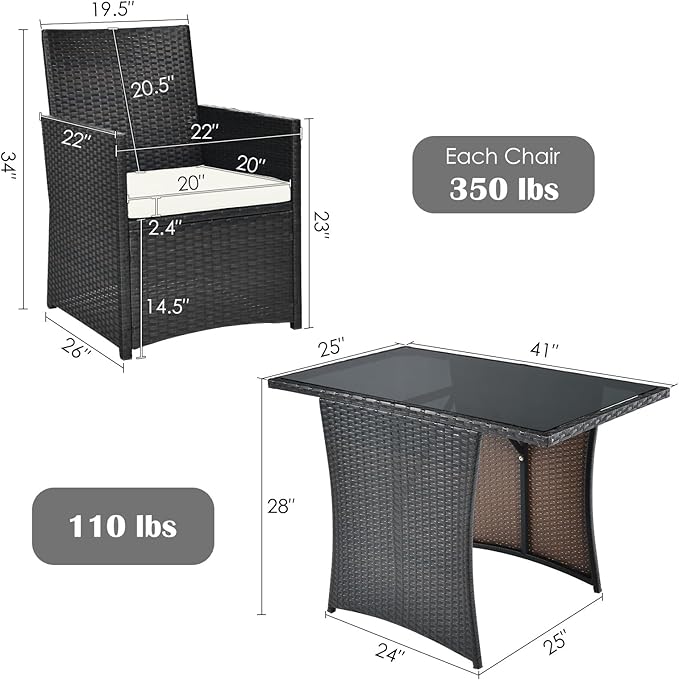 HAPPYGRILL 3-Pieces Outdoor Wicker Bistro Set PE Rattan Dining Table Set with Cushioned Chairs, Patio Conversation Set for Backyard Porch Garden and Poolside