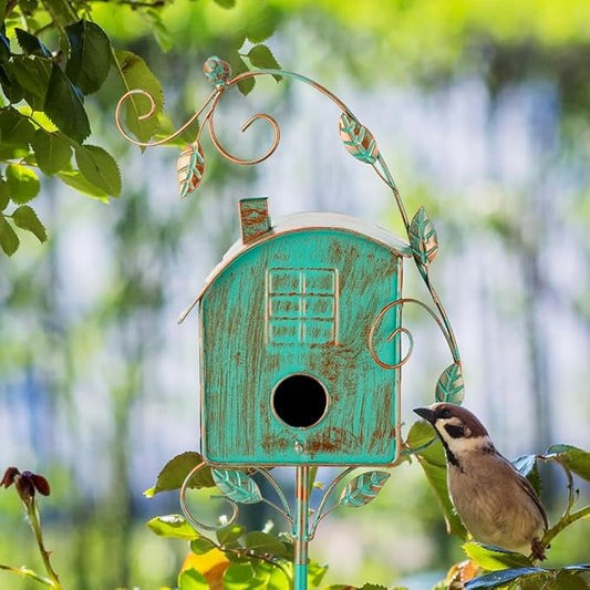 49" Bird Houses for Outside with Pole, Outdoor Metal Birdhouse for Patio, Yard, Garden(Green)