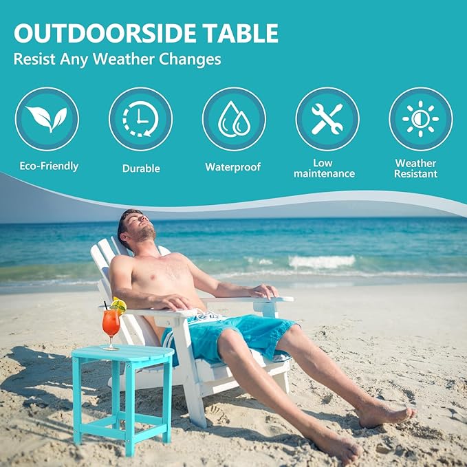 Plawdlik Adirondack Side Table, Wooden Textured,Hdpe Outdoor Weather Resistant Set for Patio, Garden, Porch, Pool, Backyard & Light Blue
