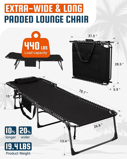 KingCamp Oversized Tanning Chair, Extra-Wide Padded Folding Chase Lounge Chairs Portable Adjustable 5-Position 440lbs Heavy Duty Lounger with Double-Layer Oxford for Outdoor Beach Patio Sun Pool Black