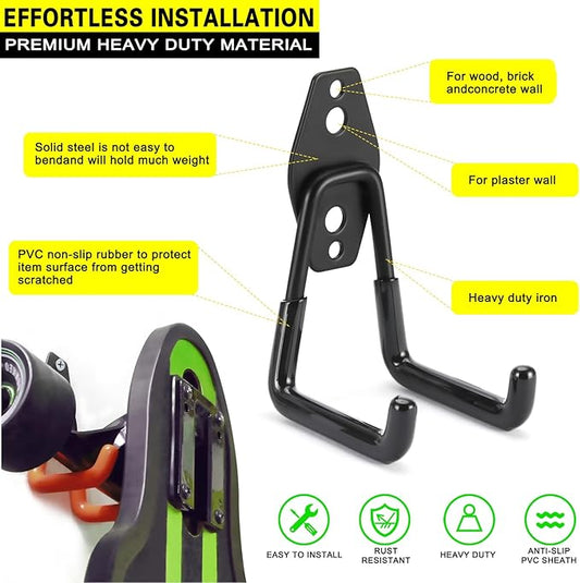 2 Pack Heavy Duty Garage Hooks Storage Organizer Wall Mount Power and Garden Tool Hangers, for Hanging Ladders, Ropes, Hose, Bulk Items