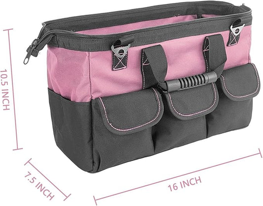 Women Heavy Duty Tool Bag Storage Organizer for Tools,16 x 7.5 x 10.5 inches,50 Pound Capacity, 600D Polyester Fabric (Pink)