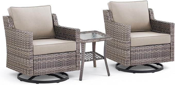 3 Pieces Patio Furniture Set-High Back Swivel Patio Chairs Set of 2 with Outdoor Side Table Patio Table and Chairs Set for Porch Deck Balcony Garden Grey/Beige