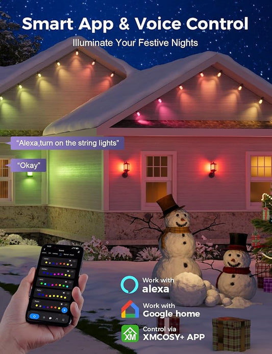 XMCOSY+ 96FT Smart Outdoor String Lights - RGBCWIC Dimmable Acrylic Bulbs, Color Changing LED Patio Lights APP WiFi Control, Compatible with Alexa, IP65 Waterproof Outdoor Lights for Backyard Porch