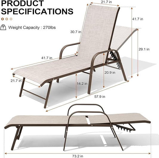 Crestlive Products Chaise Lounge Chair Outdoor with Armrests, Pool Lounge Chairs Set of 2, Aluminum Adjustable 5 Positions Sun Tanning Lounger for Patio, Poolside, Yard, Deck, Backyard (Beige)