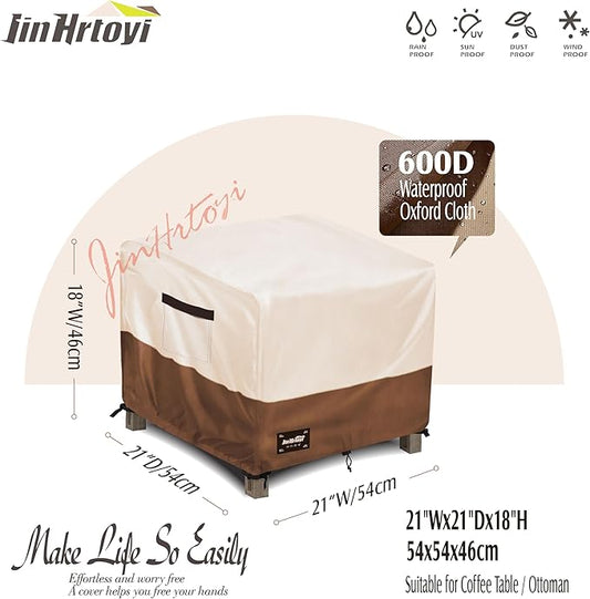 Patio Ottoman Cover Waterproof Square Outdoor Ottoman Covers, 22W x 22D x 18H Inches Patio Furniture Covering Protector Outdoor Side Table Cover, Beige&Brown
