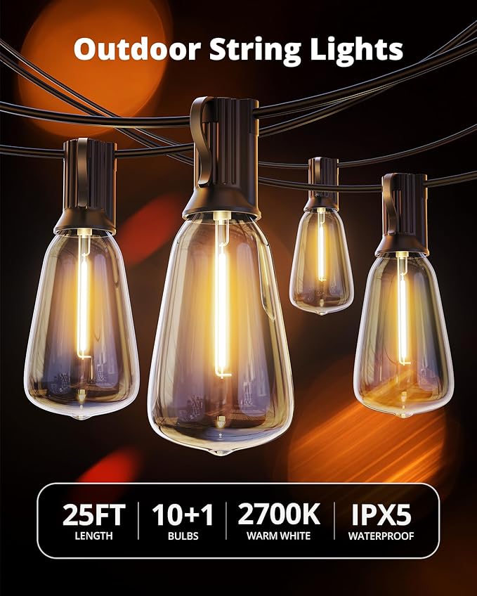 VIPAR Outdoor String Lights 25FT LED Patio Lights IPX5 Waterproof with 10+1 ST38 Shatterproof Edison Bulbs, 2700K Connectable Outside Hanging Light for Porch, Garden, Backyard, Deck, Balcony, E12 Base