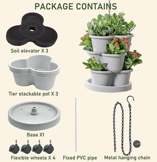 Vertical Strawberry Planter 3 Tier Hanging Vertical Gardening Stackable Planter, Hanging Strawberry Planter Pot for Strawberries, Flowers, Herbs, Vegetables with Removable Wheels and Hooks