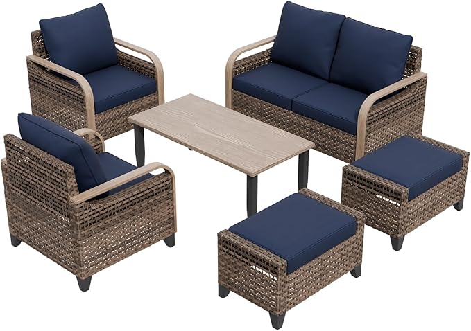 COOS BAY Modern Wicker Outdoor Furniture Set, Patio Conversation Set with Patio Chairs, 2 Seat Loveseat, Ottomans, and Coffee Table, 6 Piece, Brown/Blue