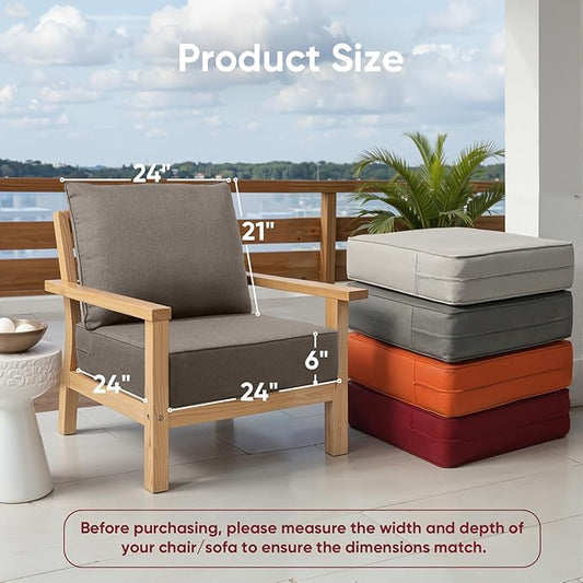 Outdoor Chair Cushion Set, 24x24 Waterproof Patio Chair Cushions, 6" Thickened Seat Cushion for Outdoor Chairs and Couch, Include 1 Back & 1 Seat Cushion, Thick/Grey