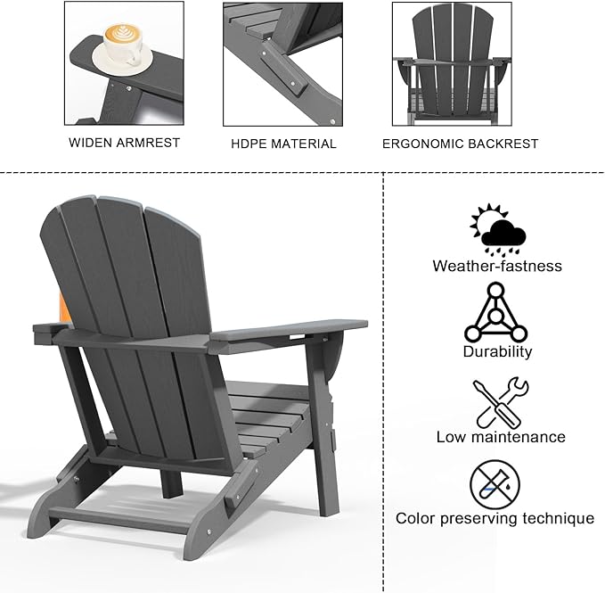Folding Adirondack Chairs with Cup Holders, Set of 4 HDPE Plastic Outdoor Chairs, Weather Resistant, Real Wood Look, Heavy-Duty Patio Furniture for Deck, Fire Pit, Backyard, Gray