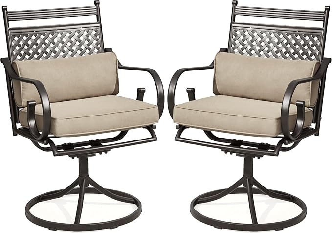 MELLCOM Patio Swivel Chair Set of 2, Heavy Duty Outdoor Dining Chairs with Cushions and Lumbar Pillows, Metal Patio Chairs Gentle Rocker for Outside, Garden Lawn & Porch, Backyard, Khaki
