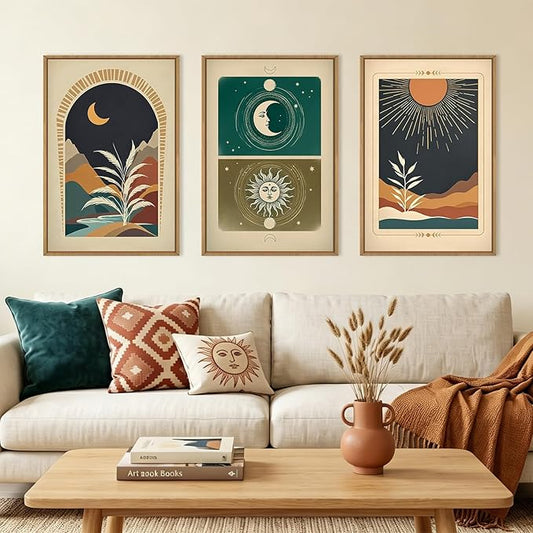 KAIRNE Moody Sun and Moon Framed Canvas Wall Art Set,Boho Desert Botanical Wall Decor,Abstract Vintage Black Art Prints,Retro Southwestern Artwork for Living Room,Bedroom,Farmhouse,Office-16 x24 x3