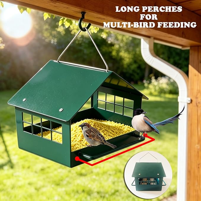 All-Metal Platform Bird Feeder for Outdoors, Dark Green Rustproof Hanging Bird Feeder with Double-Sided Long Perches, Weatherproof Wild Bird Feeder for Small Birds, Compact Garden Decor