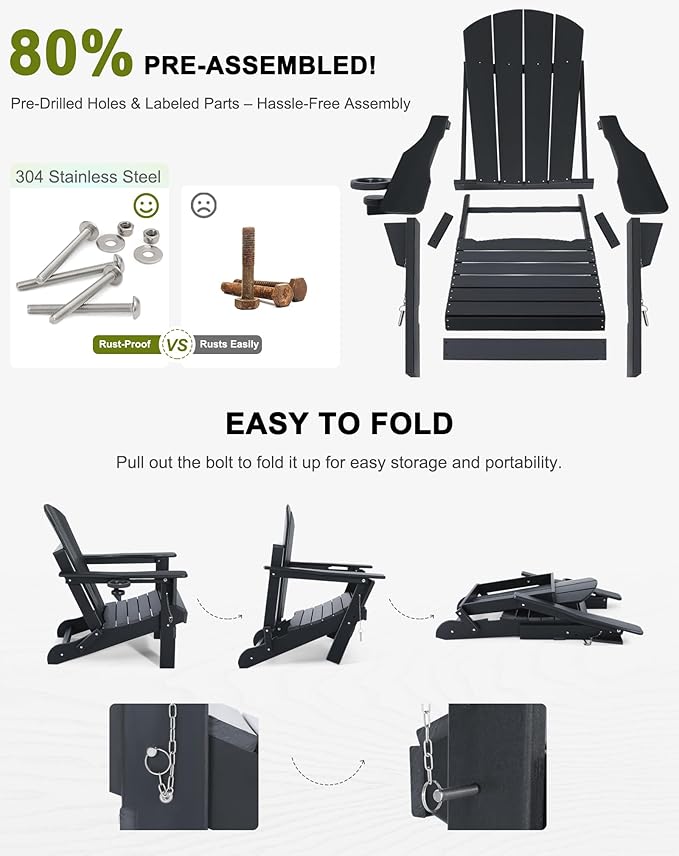 Folding Adirondack Chairs Set of 6- Plastic Adirondack Chairs with Cup Holder, Weather Resistant for Outdoor, Patio, Lawn, Garden, Backyard Deck, Fire Pit - Black