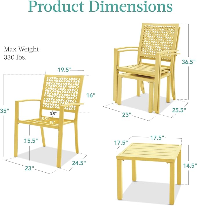 Best Choice Products 3-Piece Outdoor Bistro Set, Stackable Modern Steel Furniture for Porch, Garden w/ 2 Chairs, Table, Geometric Decor - Yellow
