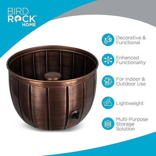 BIRDROCK HOME Water Hose Holder - Decorative Metal Pot, Indoor or Outdoor, Garden Storage Organizer, Patio Portable Bucket - Antique Copper, Holds up to 100ft Hoses, Medium No Lid