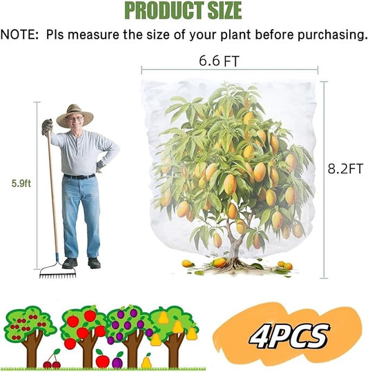 4PCS Bird Netting 6.6x8.2FT Tree Net Mesh Bag with Drawstring Garden Insect Netting Pest Barrier Blueberry Netting Plant Row Cover White Mosquito Net for Fruit/Flower/Vegetables