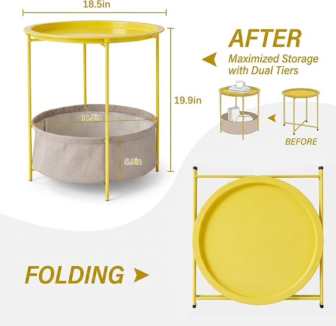 VECELO Round Side/End Table with Fabric Storage Basket,Metal Anti-Rust and Waterproof Small Bedside Nightstand with Removable Tray Top for Living Room,Balcony & Laundry,Yellow /1pcs with Basket