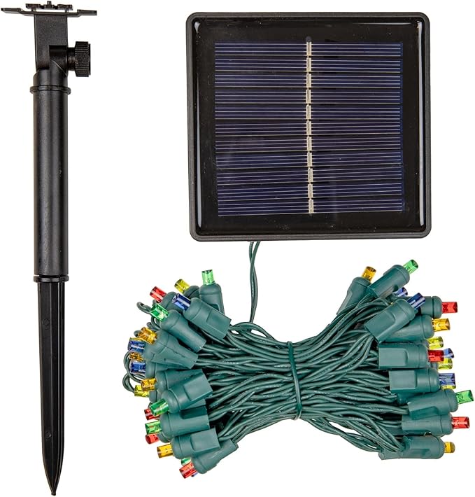 Novelty Lights 100 Light Solar Powered LED Outdoor Mini Light String, 50 Feet on Green Wire, Multicolor 5mm Bulbs, Automatic Dusk to Dawn Operation