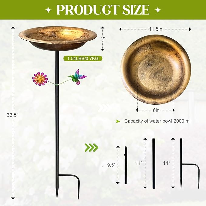 Bird Bath for Outdoors,Metal Freestanding Garden Bird Feeder with Decorative Hummingbird & Flower Accent,Vintage Antique Bronze Bowl for Yard,Lawn & Patio Decor(31.5 Inch H-Stake)
