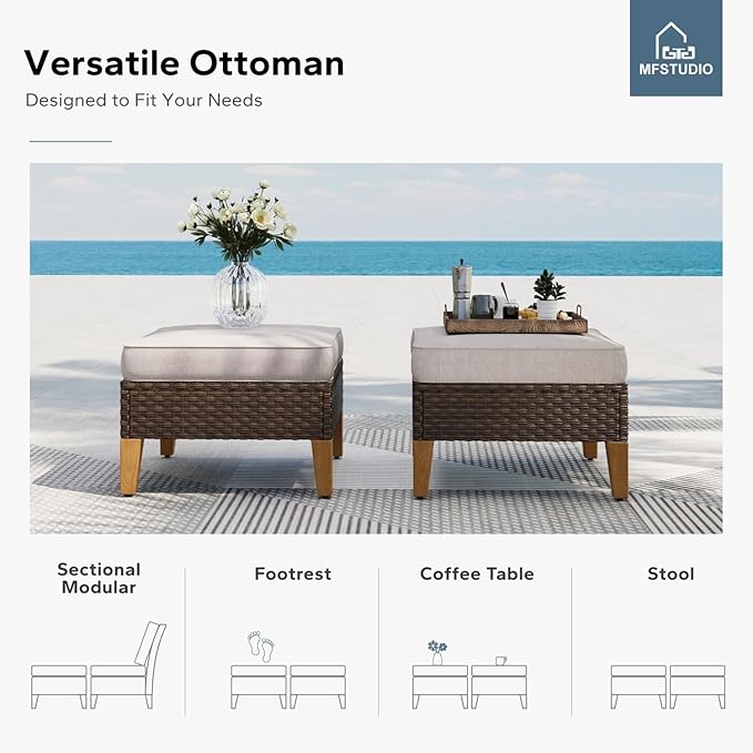 MFSTUDIO 9 Piece Wicker Patio Furniture Set, 2 x Loveseat Sofa, 2 x Ottoman, 3-Seat Sofa, All-Weather Outdoor PE Rattan Patio Conversation Set for Garden, Backyard(Beige Cushions)