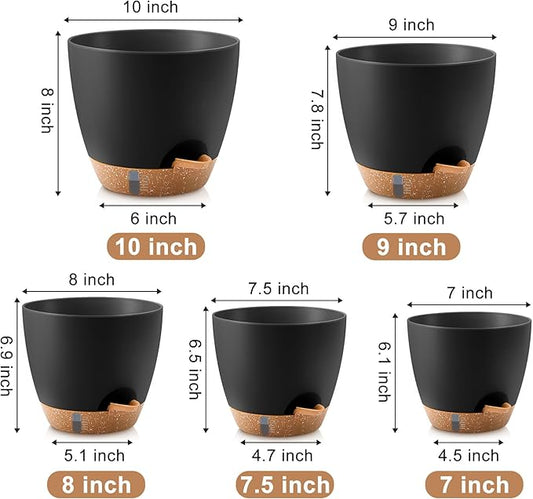 QRRICA Plant Pots 10/9/8/7.5/7 Inch Self Watering Pots, with Drainage Holes and Saucers,Water Level Indicator & Deep Reservoir,Large Plastic Planter for Indoor Out Door Plants (Black)