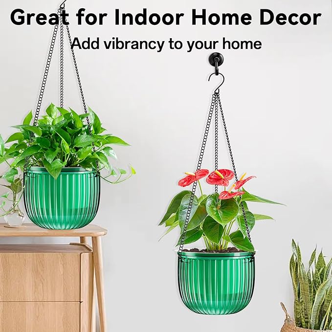 Halatool 2 Pack Hanging Planters Indoor Plant Pots, 6.5" & 8.3" Self Watering Hanging Basket Flower Pot, Translucent Plant Hanger with Drainage Holes for Garden Home Wall Decor (Peacock Green)