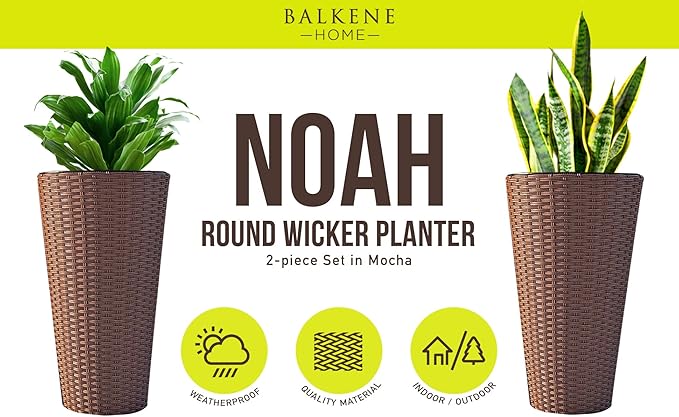 Balkene Home Noah Round Wicker Planter Tall Planter Decor Box for Adaptable Outdoor Furnishings All Weather Versatile Perfect Patio Herb Garden Living Space - 2 Piece Set - Mocha