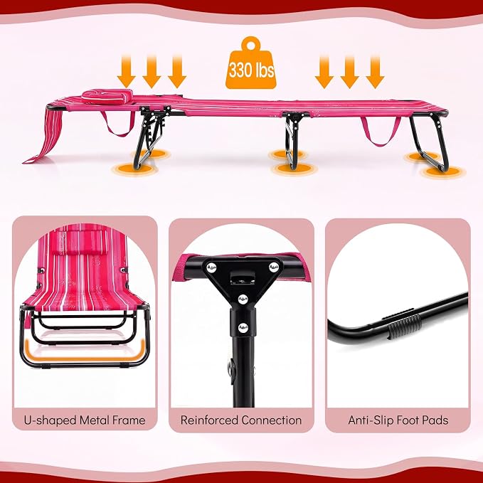 Giantex Tanning Chair, 350lbs Adjustable Patio Lounge Chair w/Face Hole, Removable Pillows, Carry Strap, Folding, Outdoor Chaise Lounge for Layout Beach Poolside Lawn (1, Stripe Pink)