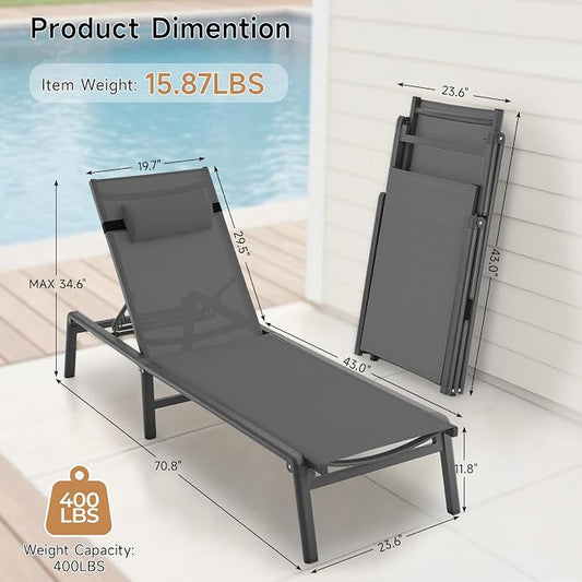 ONBRILL 2 PCS Chaise Lounge Chair Outdoor, Foldable & Assembly Free Outdoor Lounge Chair with 5 Position Adjustable Backrest, Aluminum Pool Lounge Chairs for Outside Poolside Patio Beach Lawn, Grey