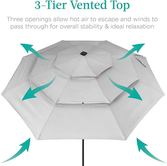 Best Choice Products 10ft 3-Tier Solar Patio Umbrella, Outdoor Market Sun Shade for Backyard, Deck, Poolside w/ 24 LED Lights, Tilt Adjustment, Easy Crank, 8 Ribs - Fog Gray