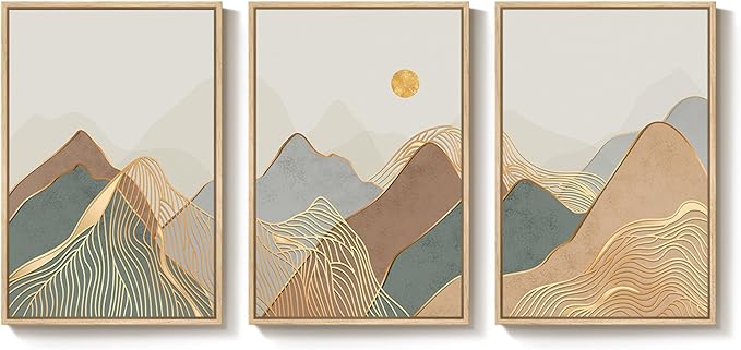 Framed Boho Mountain Wall Art for Living Room, 3 Piece Modern Nature Landscape Canvas Artwork for Walls, Large Sunset Minimalist Abstract Prints Wall Decor for Bedroom Hallway Home Office, 24x36 Inch