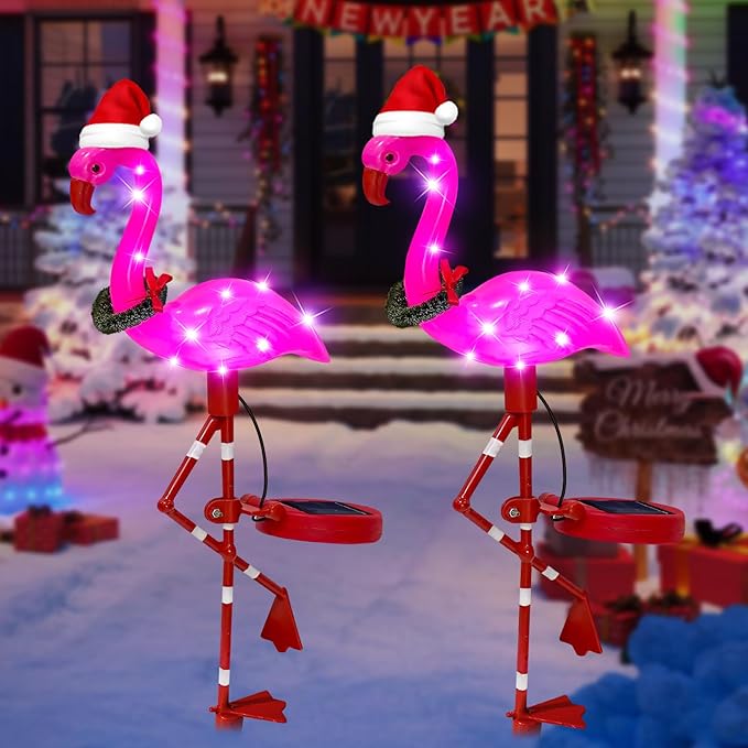 Solar Outdoor Lights Christmas Decor, Solar Xmas Flamingo Lights Waterproof Garden Decor, Flamingo Stake Lights for Yard Pathway Patio Festive Decoration-2 Pack