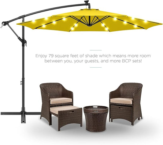 Best Choice Products 10ft Solar LED Offset Hanging Market Patio Umbrella for Backyard, Poolside, Lawn and Garden w/Easy Tilt Adjustment, Polyester Shade, 8 Ribs - Yellow