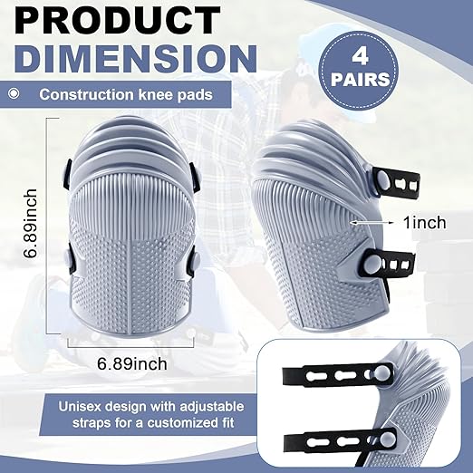 Soulchen 2 Pairs Construction Knee Pads for Men Women Heavy Duty Knee Pads for Work with Flexible Plastic and Thick Foam Cushion Adjustable Thigh and Shin Straps for Roofing Flooring Gardening (Gray)