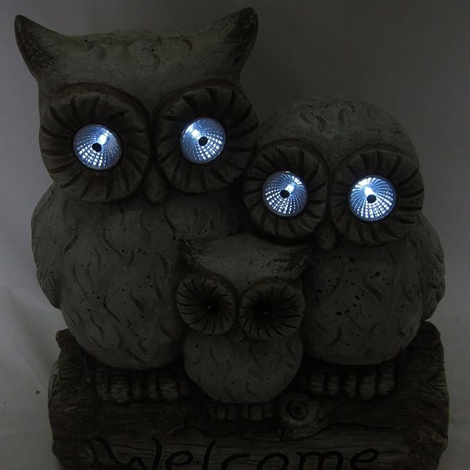 Alpine Corporation 16" Tall Outdoor Solar Powered Owl Welcome Family Statue with LED Lights