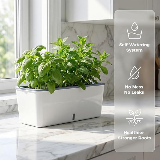 2 Pack Rectangular Planter 17 x 4.5 in Self Watering Planter Window Sill Planters Indoor Rectangle Planter Self Watering Pots Plastic Plant pots with Drainage Holes White Flower Pot Indoor