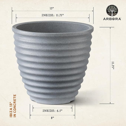 ARBORA 13" Ibiza Polyresin Indoor and Outdoor Planter with Stone Blend Concrete Gray Finish - Durable, Weatherproof, Lightweight, Large Plant Pot for Patio, Garden, Deck, Entryway