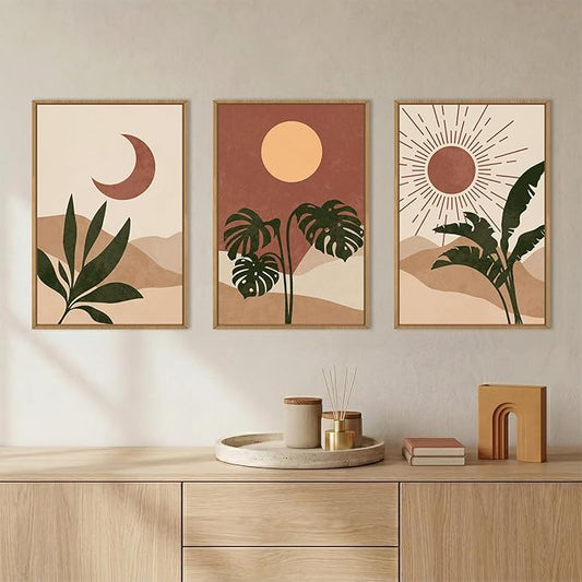 KAIRNE Vintage Sun and Moon Framed Canvas Wall Art Set,Boho Desert Botanical Wall Decor,Abstract Green Terracotta Art Prints,Retro Minimalist Artwork for Living Room,Bedroom,Farmhouse,Office-16"x24"x3